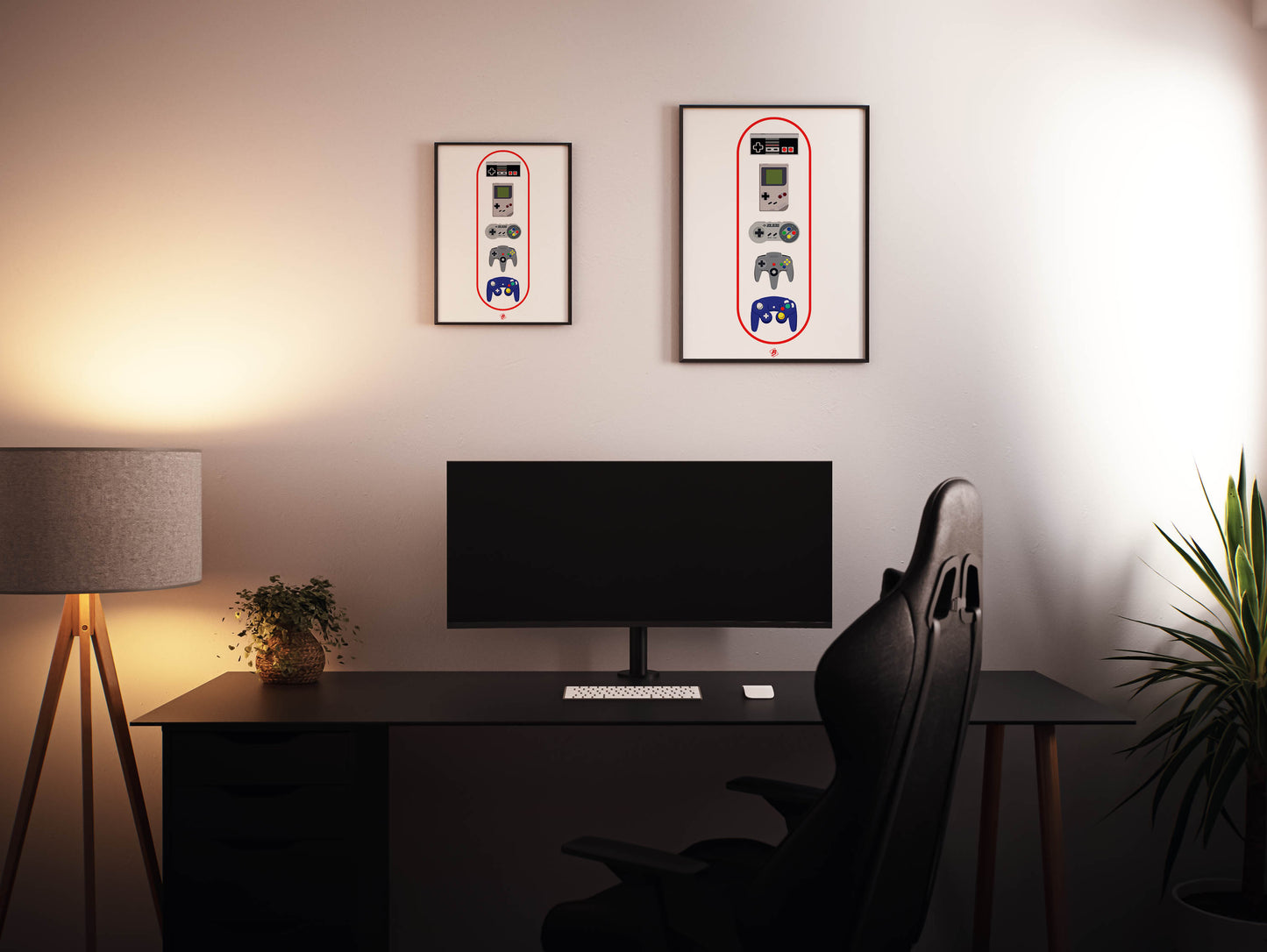 2 cadres avec poster vintage des manettes Nintendo dans un bureau gaming