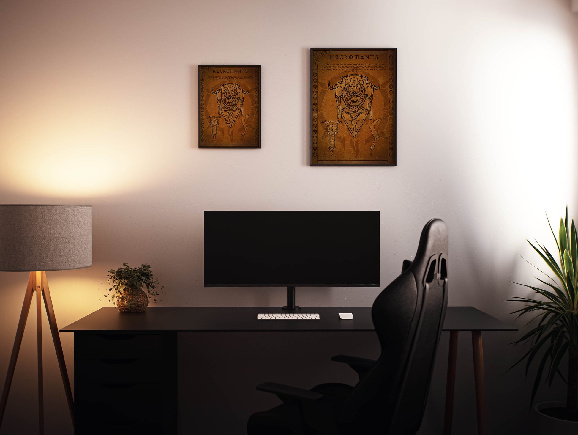 2 Affiches nécromant Diablo 4 dans un cadre A2 et A3 sur un mur de bureau