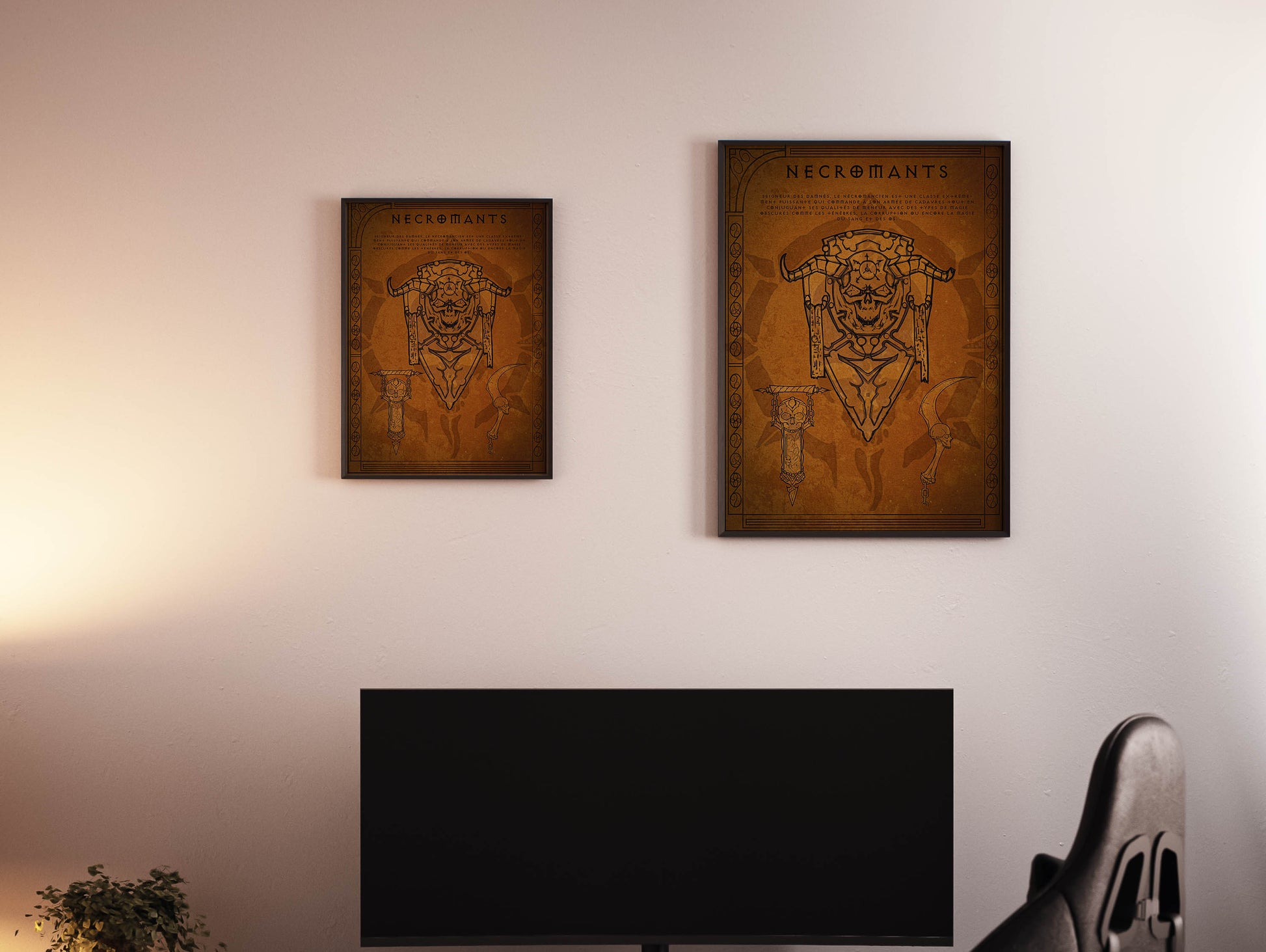 2 Affiches nécromant Diablo 4 dans un cadre A2 et A3 sur un mur de bureau en vue rapproché