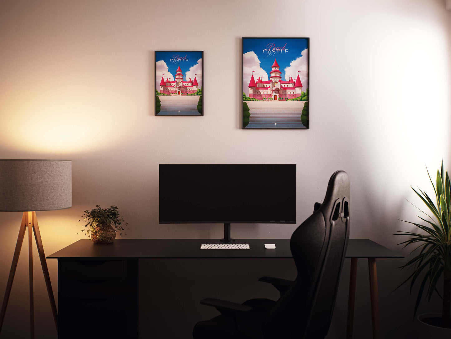 2 Affiches encadré du château de Peach sur le mur d'un bureau gaming